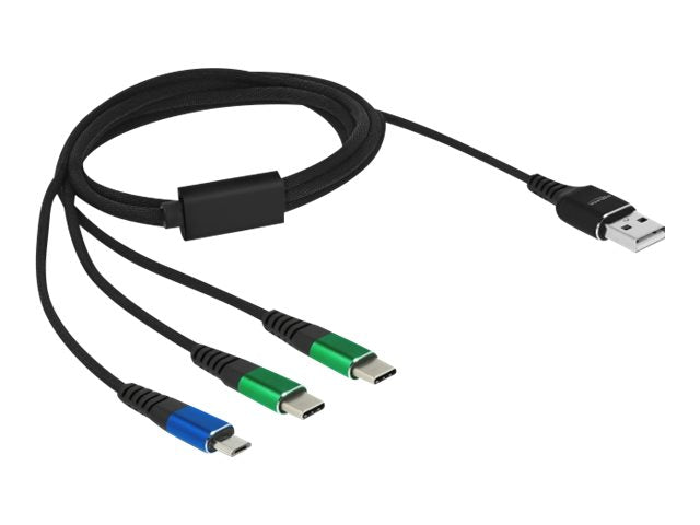 DELOCK USB Ladekabel 3 in 1 Typ-A zu Micro USB / 2 x USB Type-C 1m