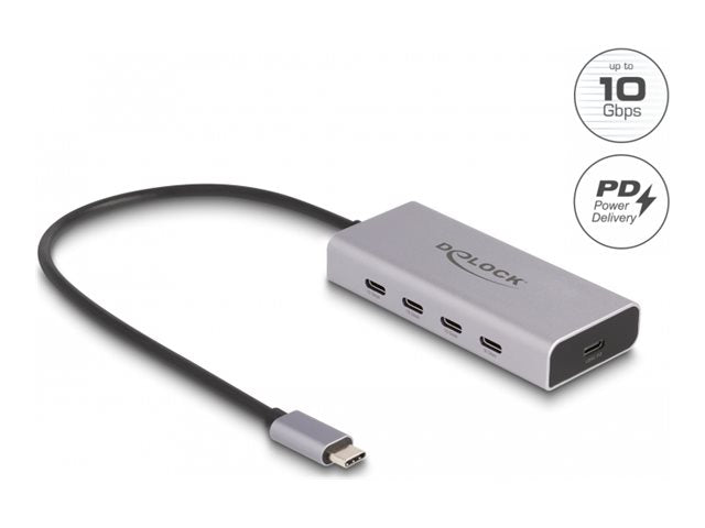 DELOCK USB 10 Gbps USB Type-C Hub mit 4 x USB Type-C Buchse + 1 x USB Type-C PD 85 Watt mit 30cm Anschlusskabel