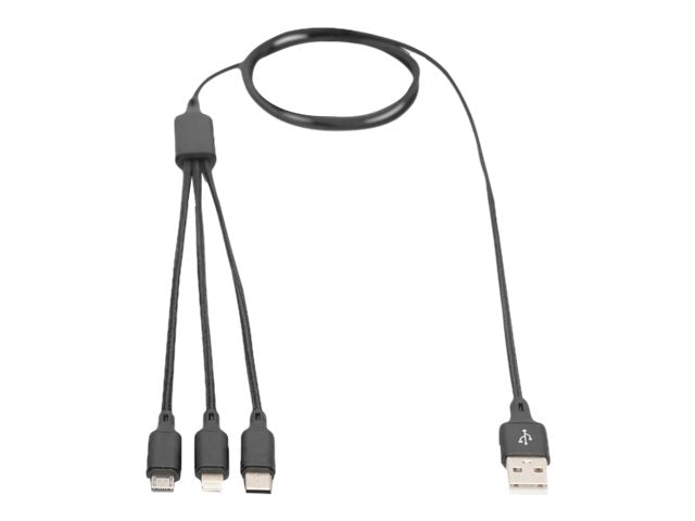 DIGITUS USB Ladekabel USB A - Lightning+micro B+Type-C 1m 3in1 cable cotton CE bl - Anschlussansicht
