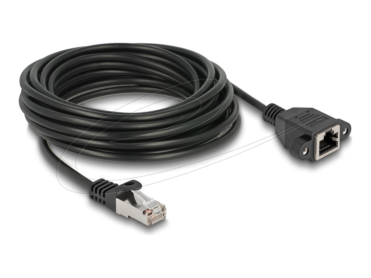 DELOCK Netzwerk Verlängerungskabel S/FTP RJ45 Stecker zu RJ45 Buchse Cat.6A flache Ausführung 5m schwarz - Vorderansicht