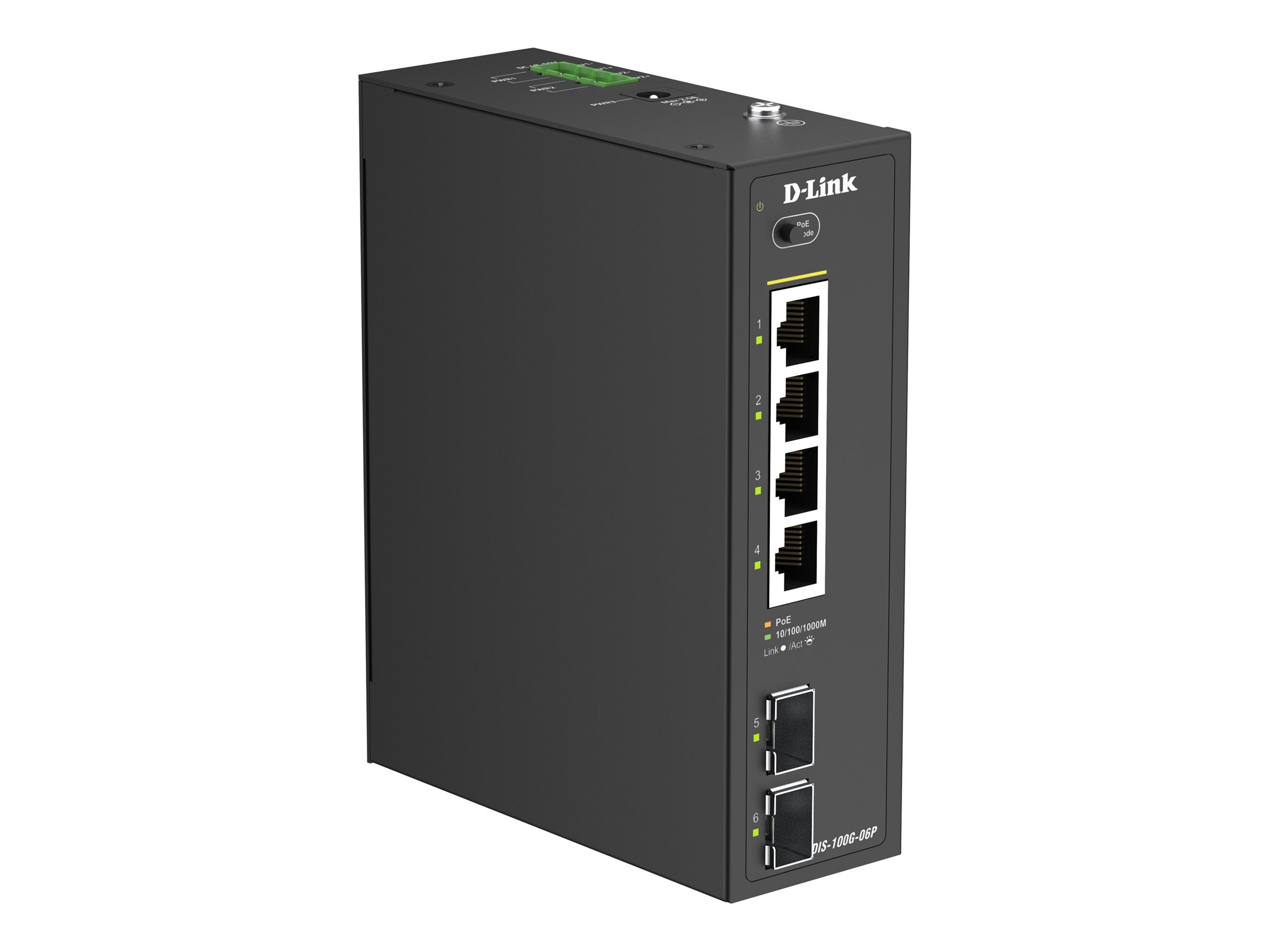 D-LINK DIS-100G-06P 6-Port Gigabit Industrial Unmanaged PoE+ Switch Vorderansicht