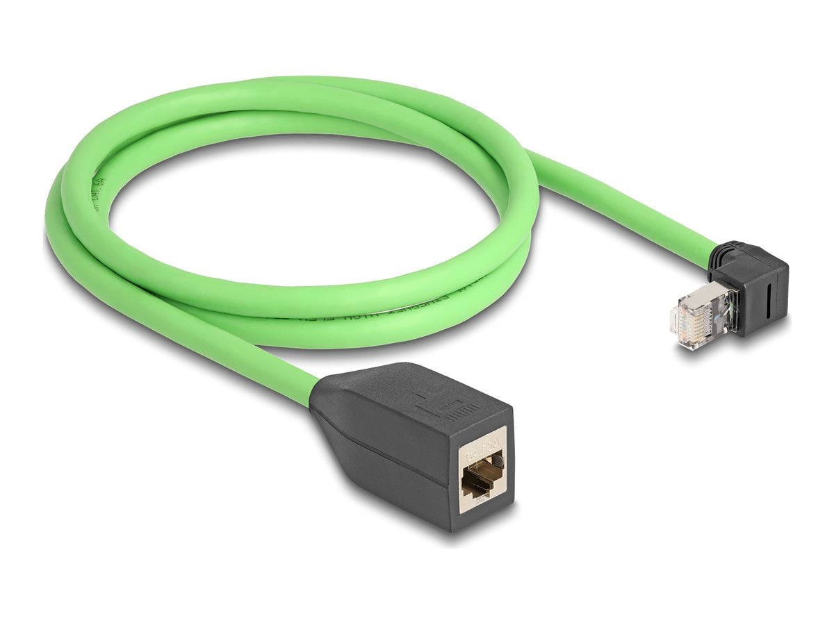 DELOCK RJ45 Netzwerk Verlängerungskabel Cat.6A Stecker oben gewinkelt zu Buchse SF/UTP schleppkettentauglich PUR TPU 1m grun