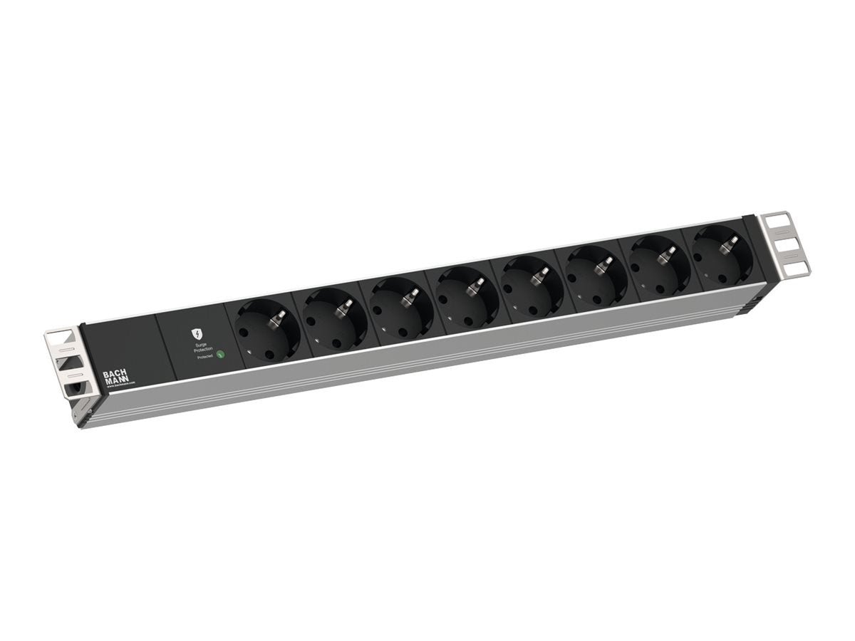 BACHMANN 48,26cm 19Zoll 1HE 8xCEE7/3 RAL7035 1xSPD-Plus 2,0m CEE7/7 Vorderansicht