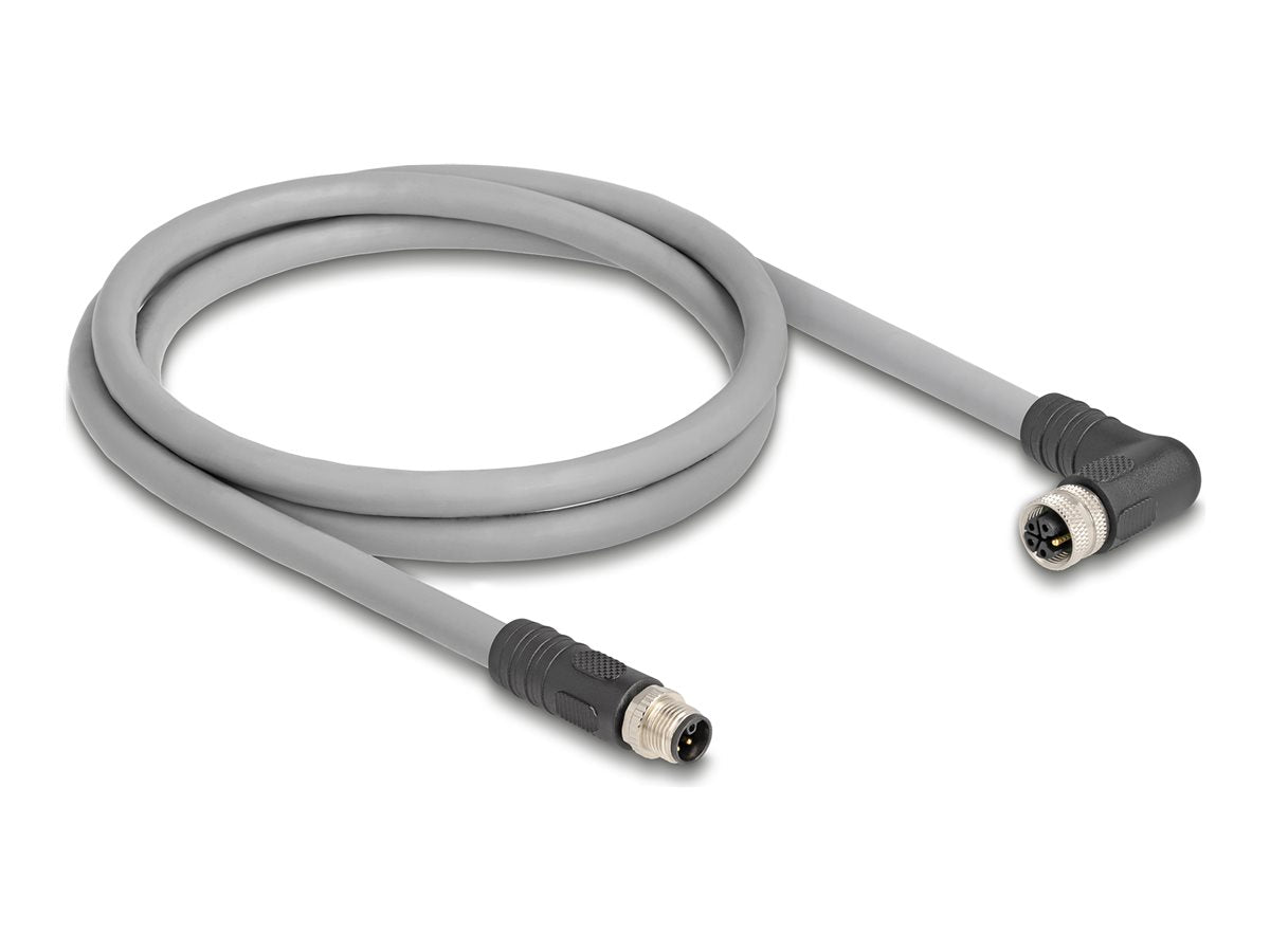 DELOCK M12 Kabel L-kodiert 5 Pin Stecker gerade zu Buchse rechts gewinkelt PUR schleppkettentauglich 1m grau - Vorderansicht