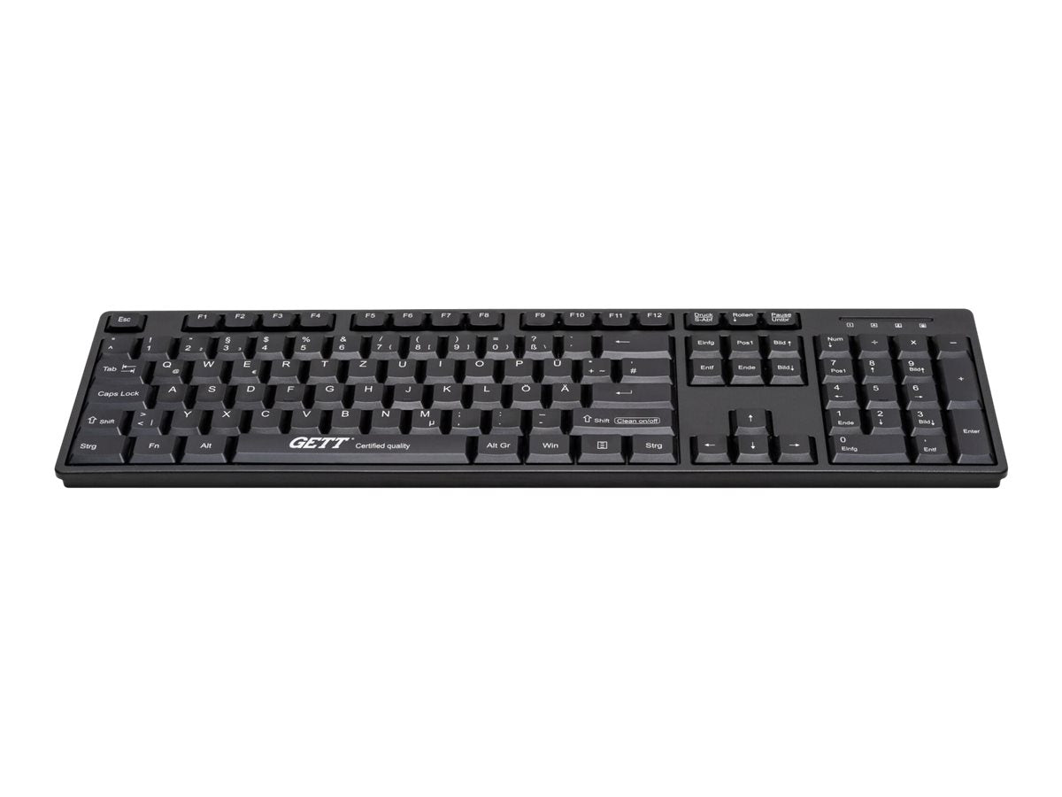 GETT GCQ Cleantype Easy Basic Tastatur mit Kunststoffgehäuse IP 68 NUM-Block 105 Tasten USB Farbe schwarz Layout UK
