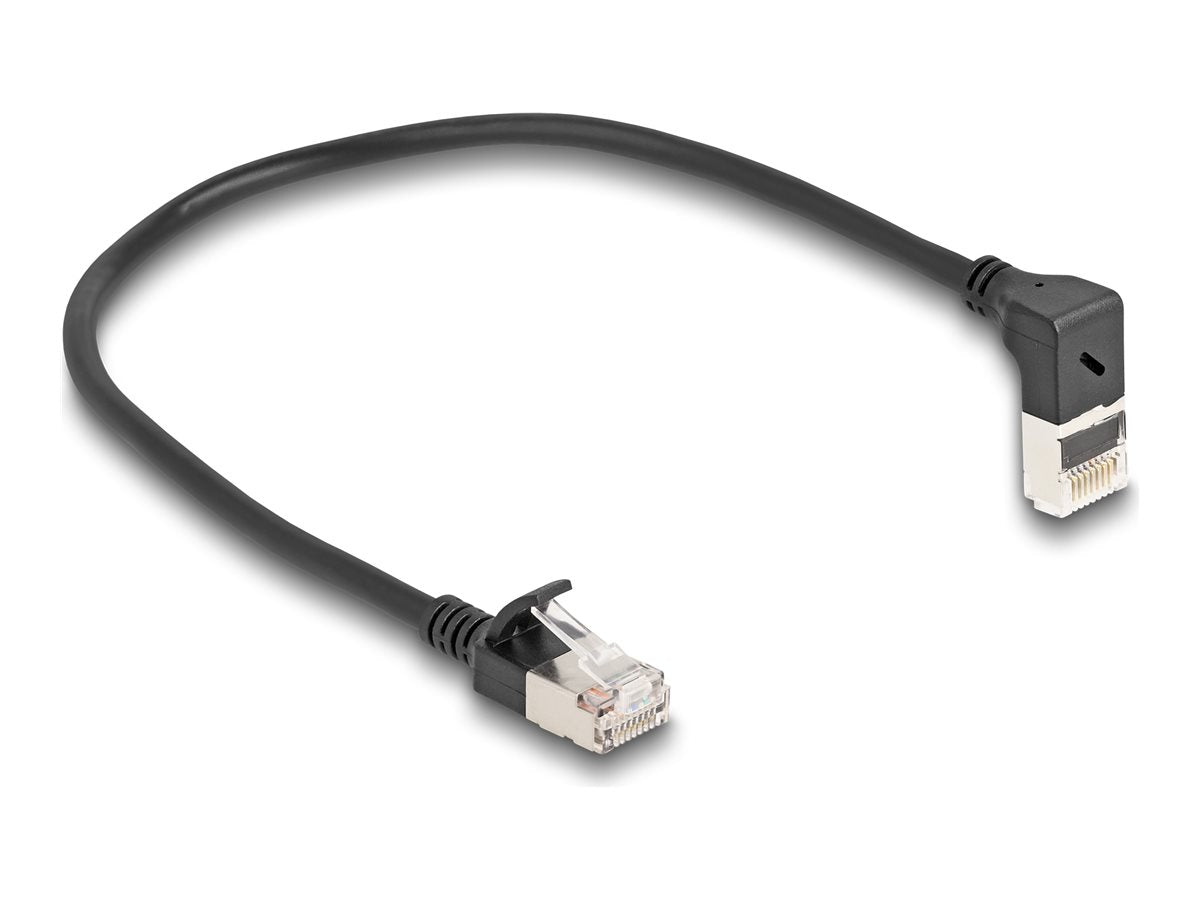 DELOCK RJ45 Netzwerkkabel Cat.6A S/FTP Slim 90 oben gewinkelt / gerade 0,25m schwarz - Vorderansicht