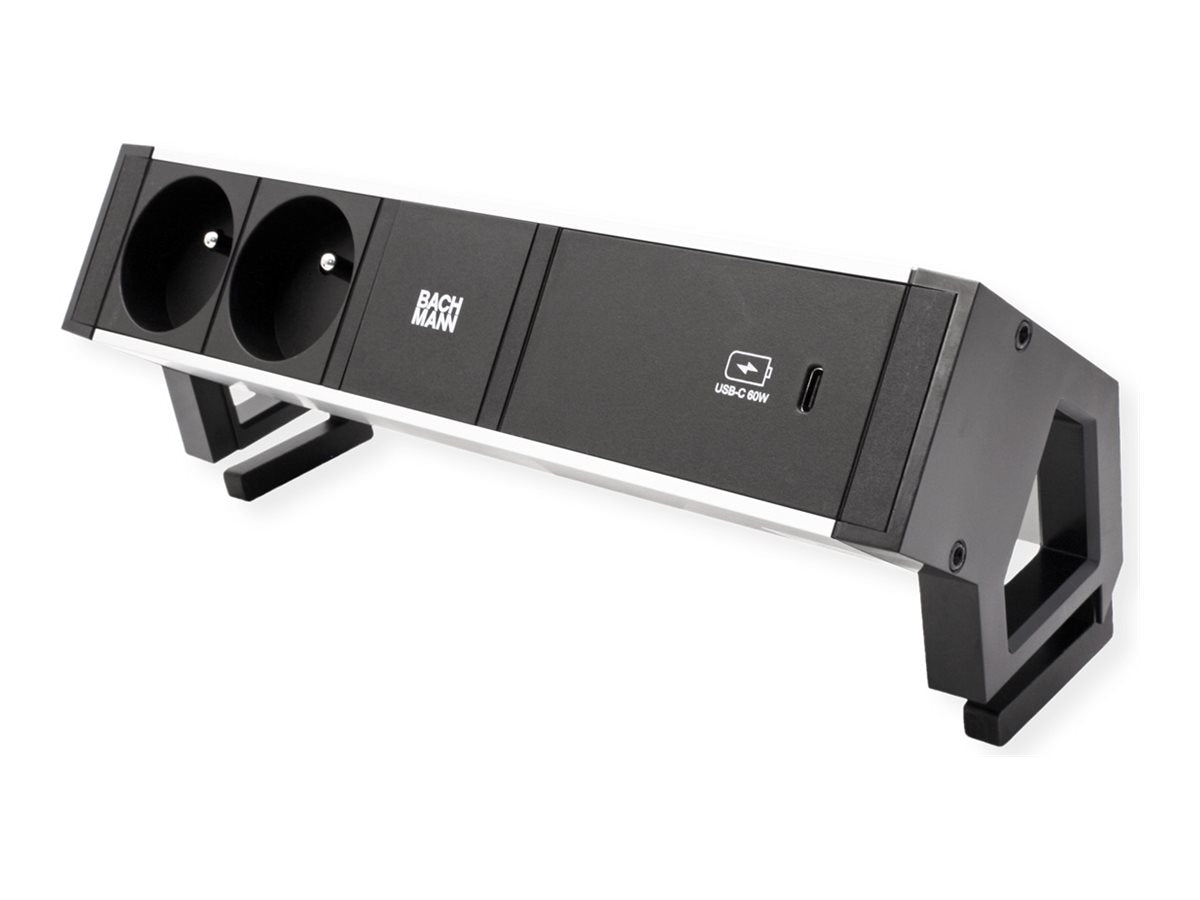 BACHMANN DESK2 ALU BLACK 2xUTE 1xUSBC 60W 0,2m GST18 Vorderansicht