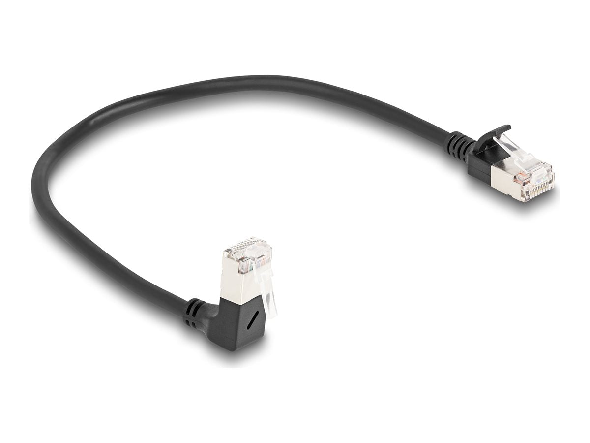 DELOCK RJ45 Netzwerkkabel Cat.6A S/FTP Slim 90 unten gewinkelt / gerade 0,25m schwarz - Vorderansicht