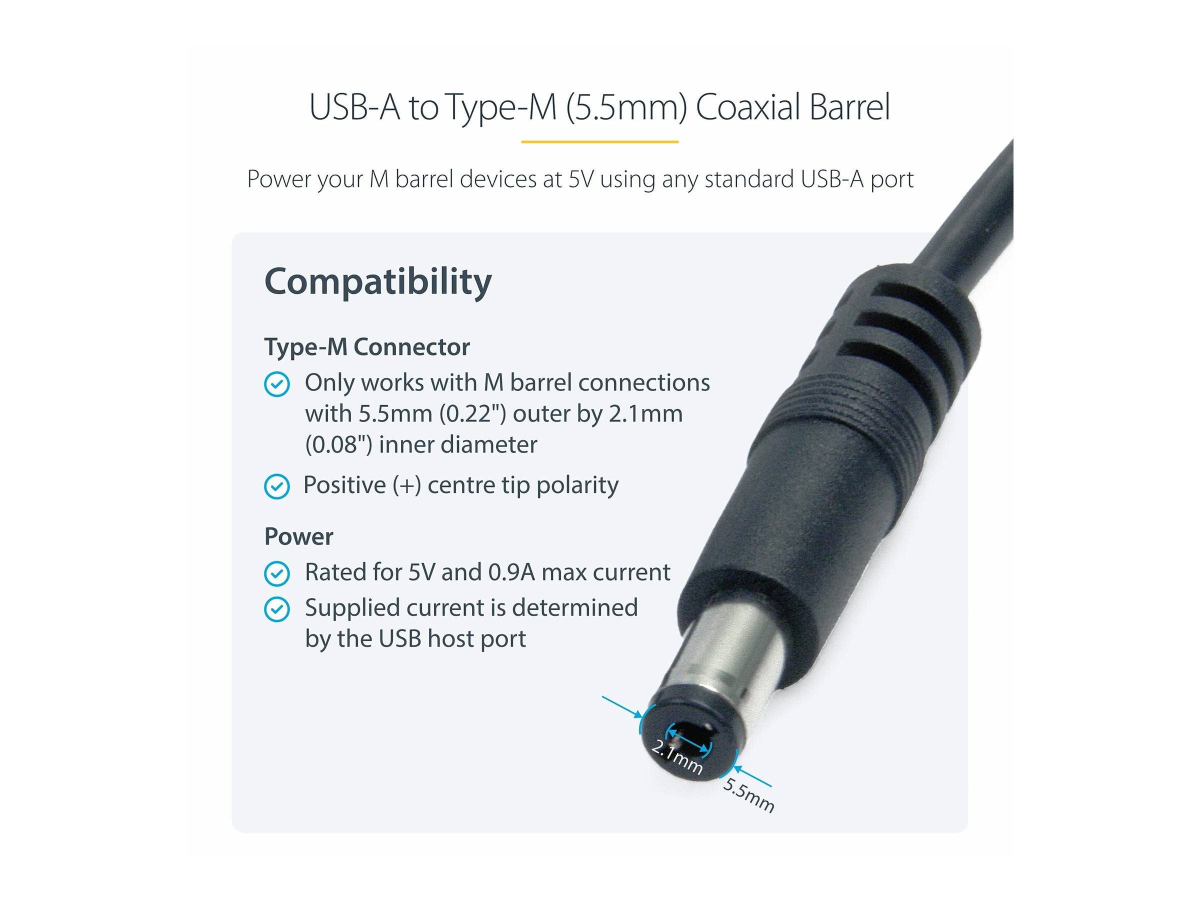 STARTECH.COM USB to 5.5mm Power Cable - Type M Barrel - Vorderansicht
