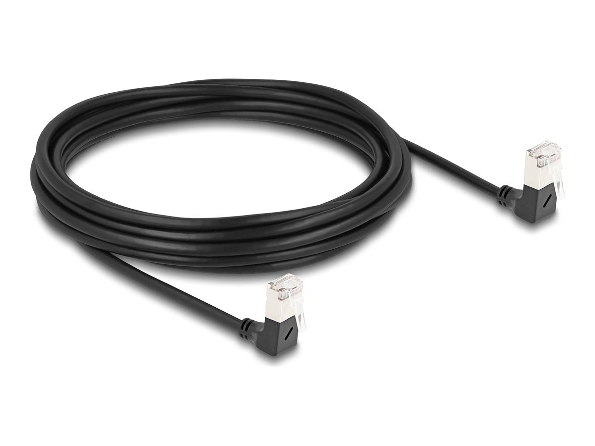 DELOCK RJ45 Netzwerkkabel Cat.6A S/FTP Slim 90 gewinkelt 5m schwarz - Vorderansicht