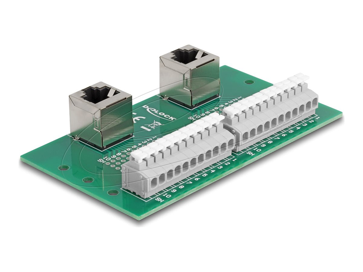 DELOCK RJ50 2 x Buchse zu 2 x Terminalblock mit Drucktaster für Hutschiene gewinkelt - Vorderansicht