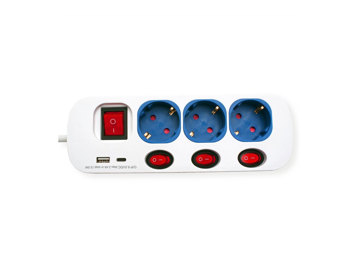 ROLINE 3-fach Steckdosenleiste mit Schalter USB-Charger A+C 3m - Anschlusskabel