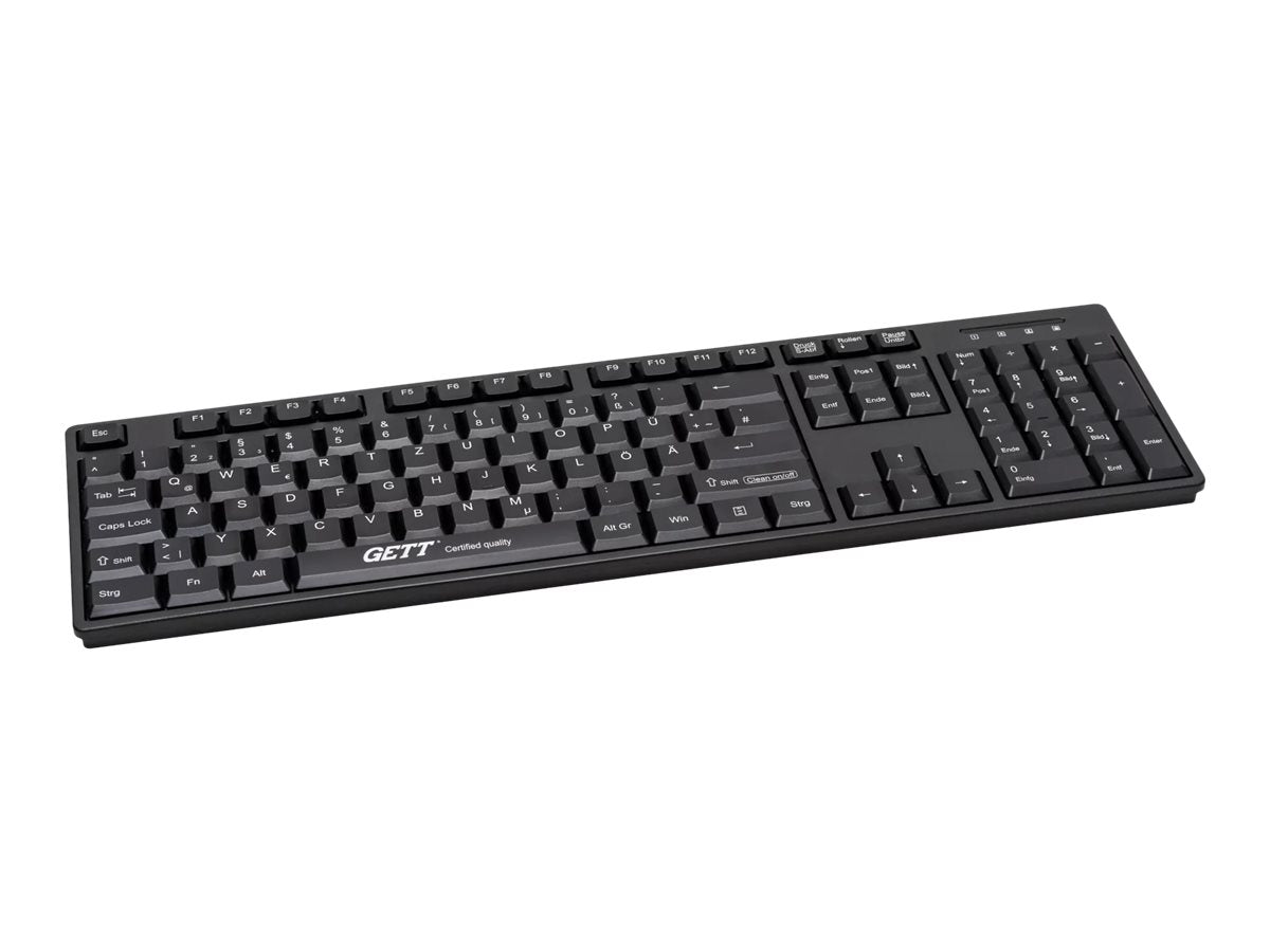 GETT GCQ CleanType Easy Basic Tastatur mit Kunststoffgehaeuse IP 68 NUM-Block 105 Tasten USB Farbe: schwarz Layout: US
