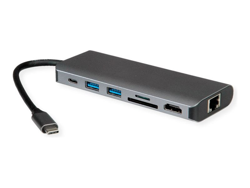 ROLINE Dockingstation USB Typ C 8K30 HDMI USB 3.2 Gen 1 Typ-A PD LAN SD/MicroSD Vorderansicht
