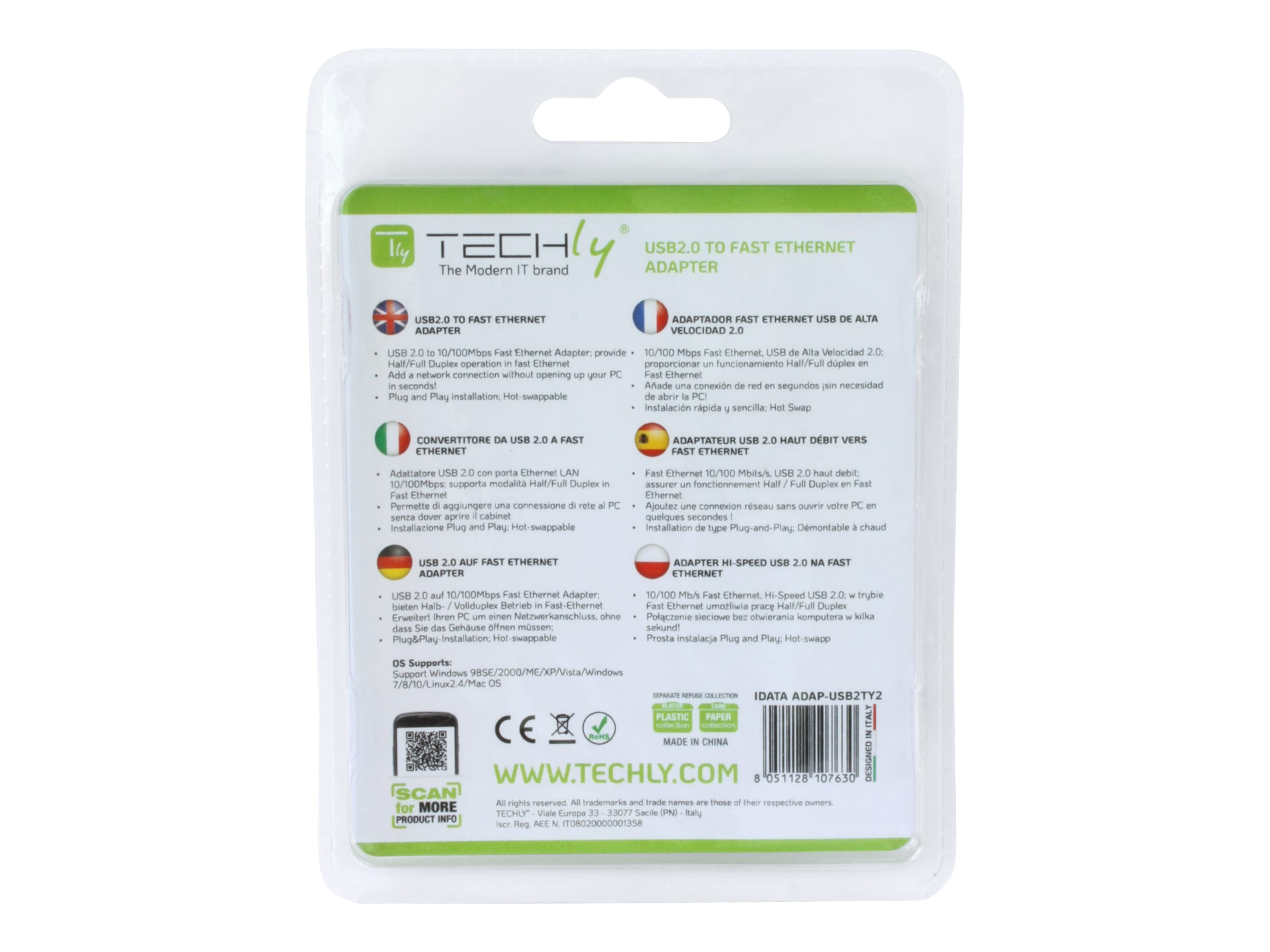 TECHLY USB 2.0 Konverter auf RJ45 Fast Ethernet 10/100 - Vorderansicht