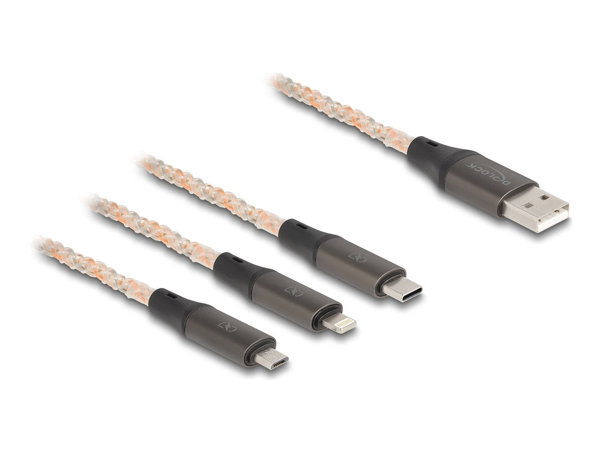 DELOCK USB RGB Ladekabel 3 in 1 Typ-A zu Lightning / Micro USB / USB Type-C 1,20m - Vorderansicht