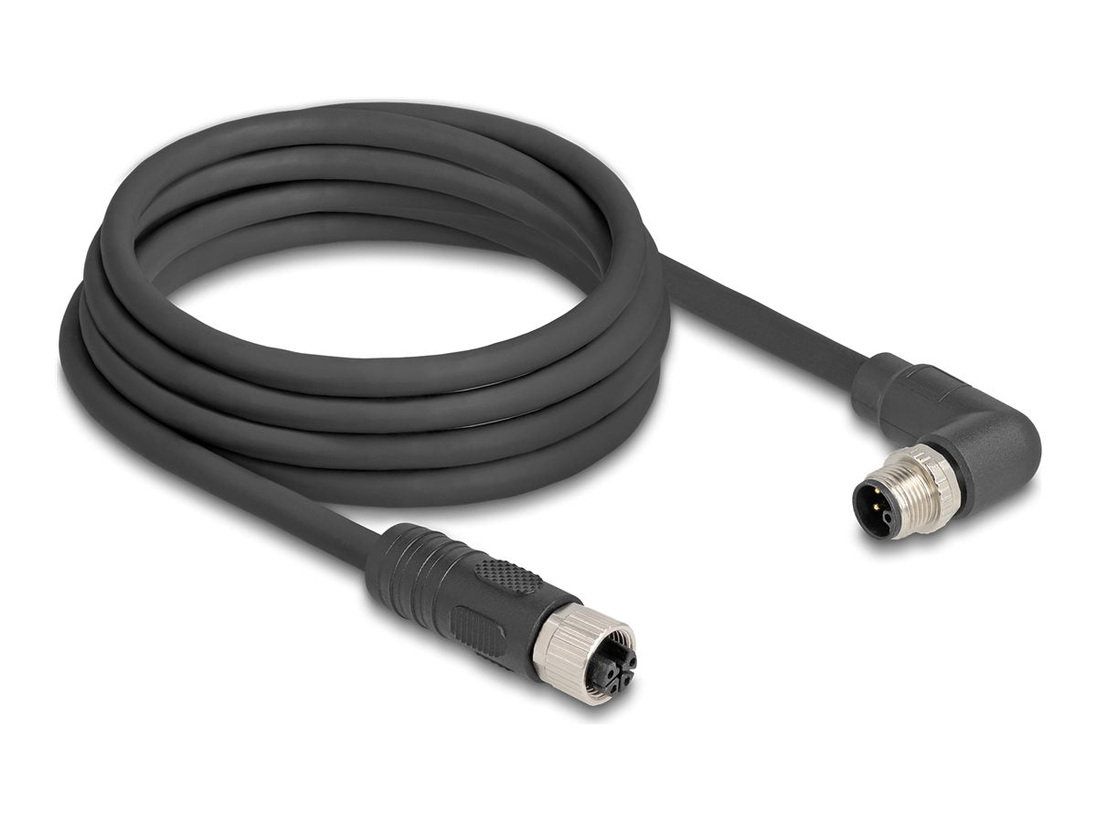 DELOCK M12 Kabel L-kodiert 4 Pin Stecker rechts gewinkelt zu Buchse gerade 3m schwarz - Vorderansicht