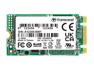TRANSCEND 512GB M.2 2242 PCIe Gen3x2 NVMe 3D TLC BiCS5 DRAM-less PE 3K wide temp - Vorderansicht