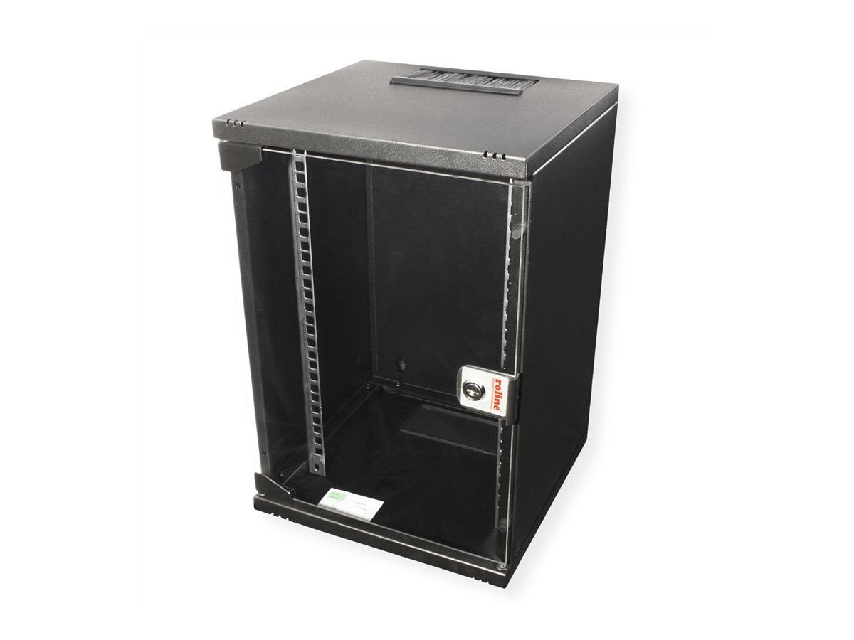 Detailaufnahme der Glastür des ROLINE Wandgehäuses 10Zoll 9 HE 312x300 BxT schwarz