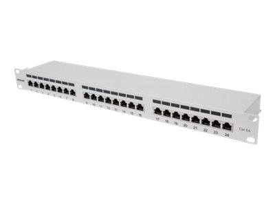 INTELLINET 24-Port Cat6a Patchpanel geschirmt 24 Ports FTP 1 HE Klemmleisten mit 90 Grad abgewinkelten Kabeleinfuehrungen grau