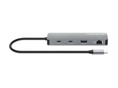 MANHATTAN USB-C PD 4K Dockingstation USB C-Stecker auf HDMI 4K60Hz 3x USB-A USB-C 5Gbit/s USB-C PD 100W SD/MicroSD RJ45 Gigabit grau