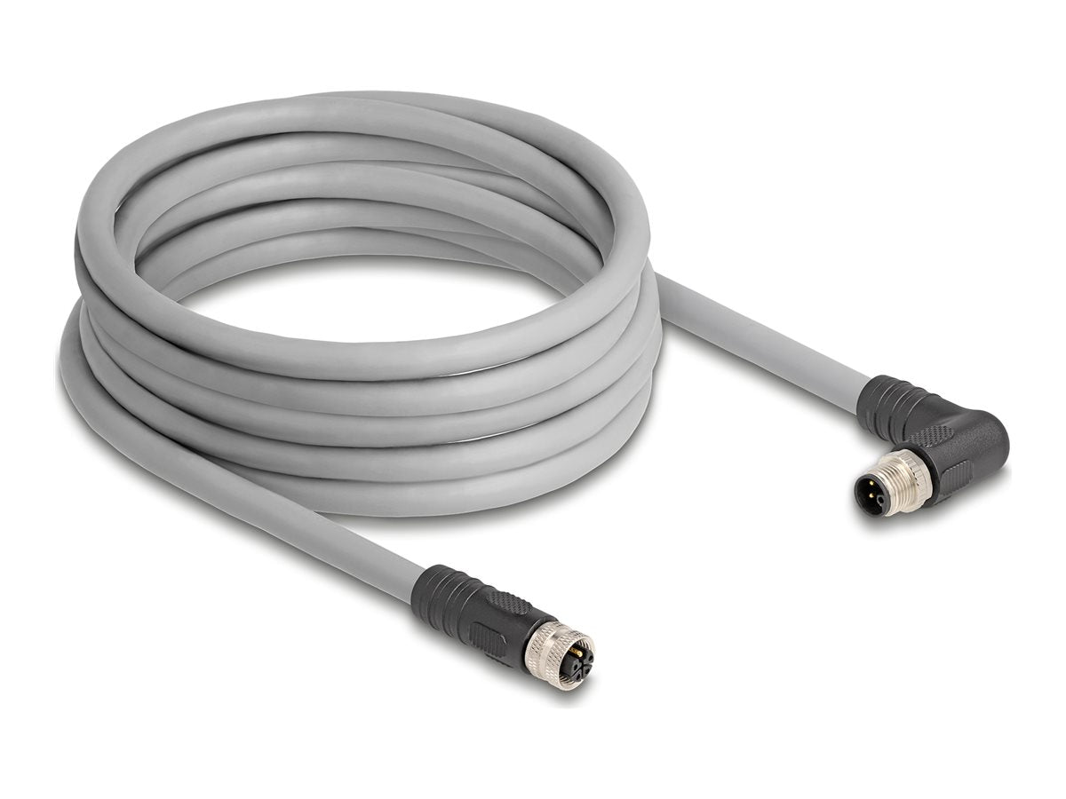 DELOCK M12 Kabel L-kodiert 5 Pin Stecker rechts gewinkelt zu Buchse gerade 5m grau - Vorderansicht