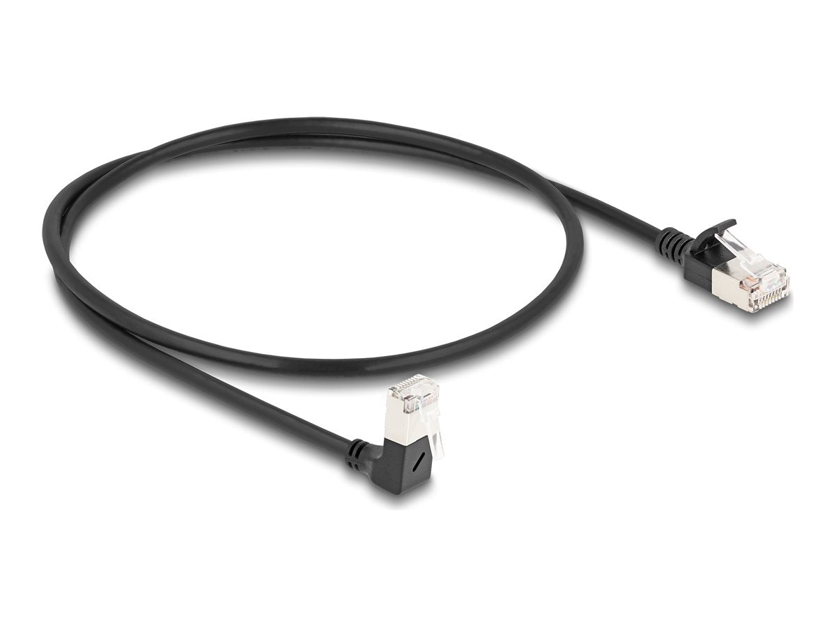 DELOCK RJ45 Netzwerkkabel Cat.6A S/FTP Slim 90 unten gewinkelt / gerade 0,5m schwarz - Vorderansicht