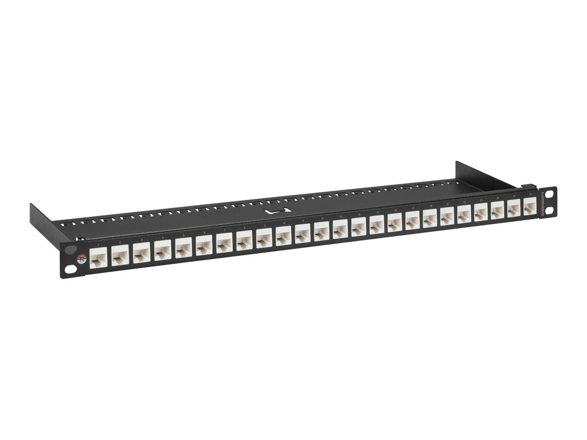 RACKMOUNT Patchpanel 24 port 2/3U Black Frame White Couplers - Vorderansicht