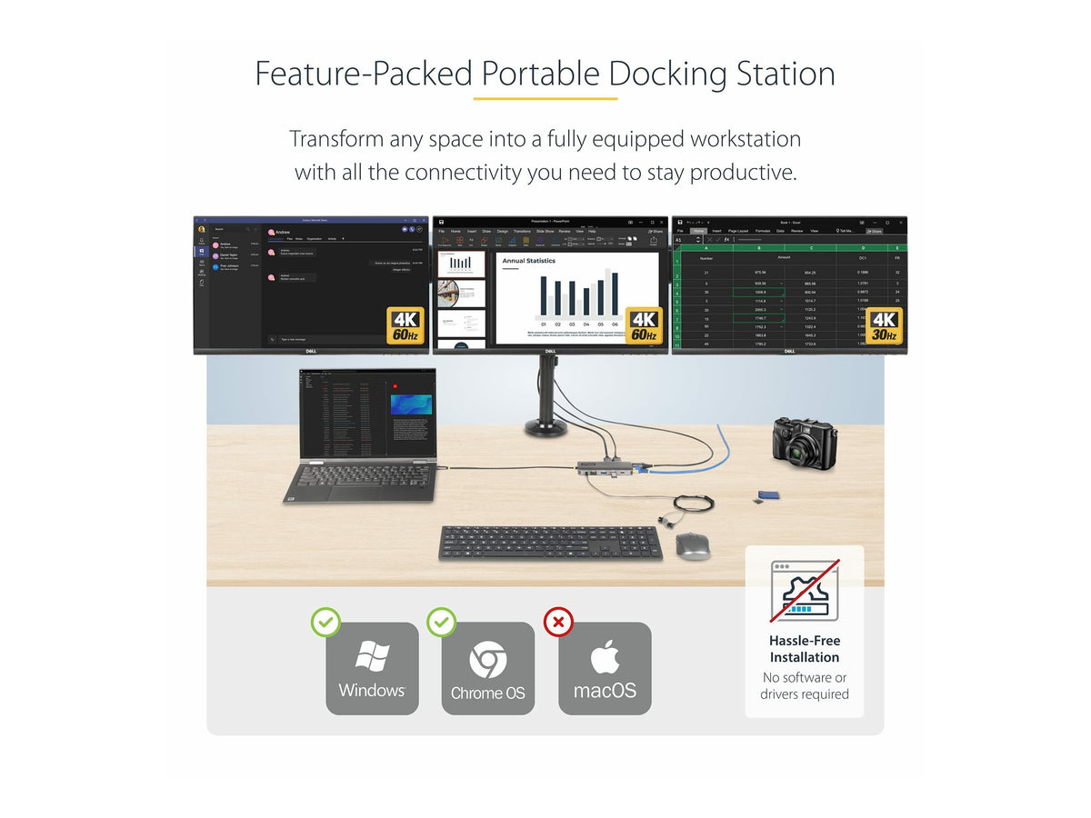 STARTECH.COM Drei Monitor USB-C Multiport Adapter 2x 4K 60Hz + 4K 30Hz HDMI & DP 4x USB-A 100W GbE Laptop Dockingstation