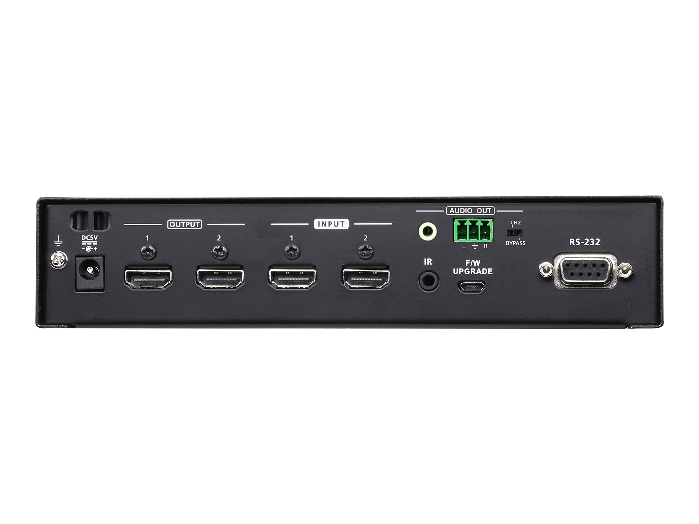 Detailansicht der Anschlüsse des ATEN VM0202HB 2 x 2 True 4K HDMI Audio/Video Matrix Switch
