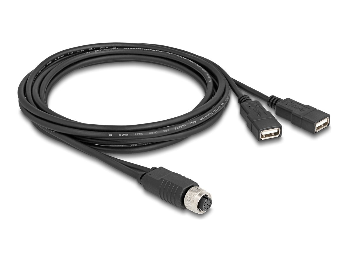 DELOCK M12 Kabel A-kodiert 8 Pin Buchse zu 2 x USB 2.0 Typ-A Buchse 2m schwarz - Vorderansicht