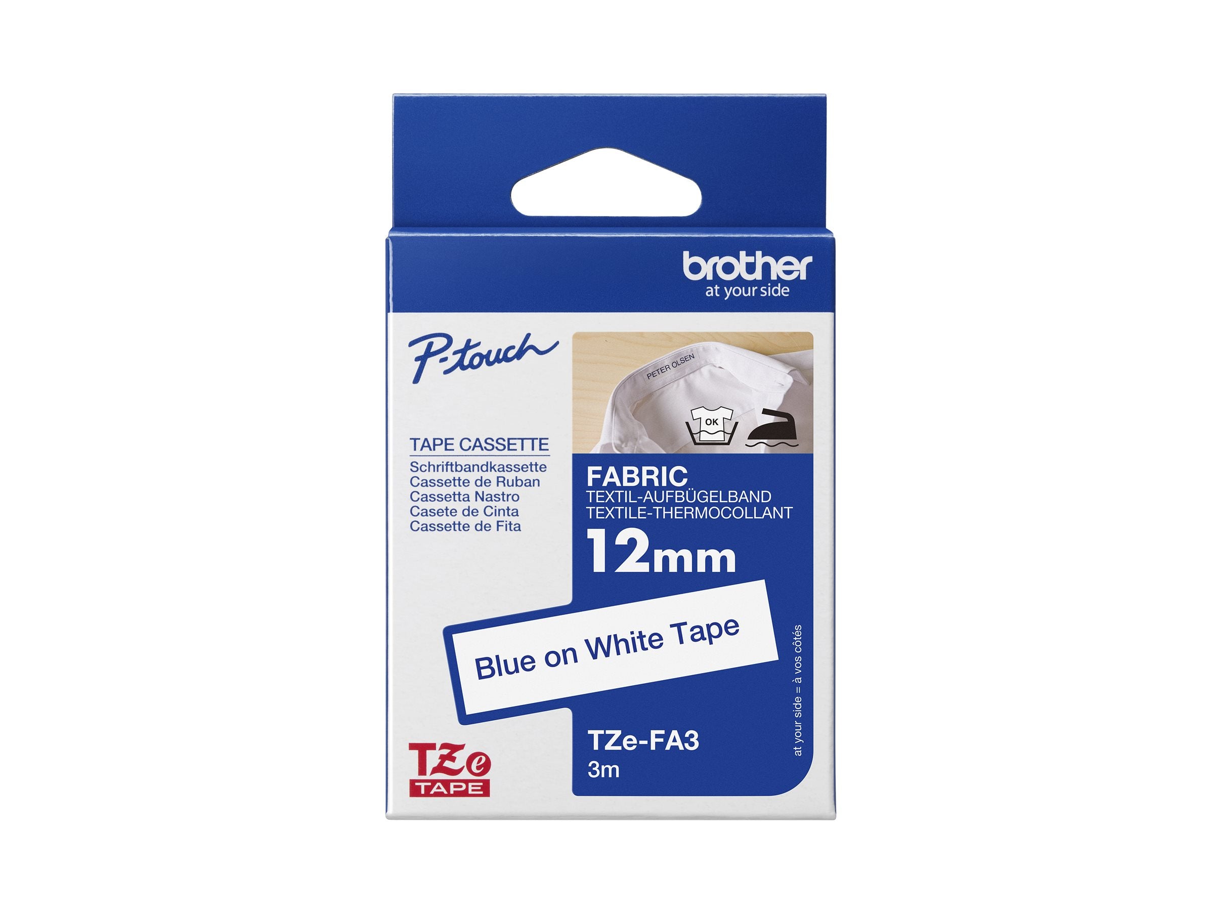 BROTHER P-Touch TZE-FA3 blau auf weiss textile 12mm - Vorderansicht