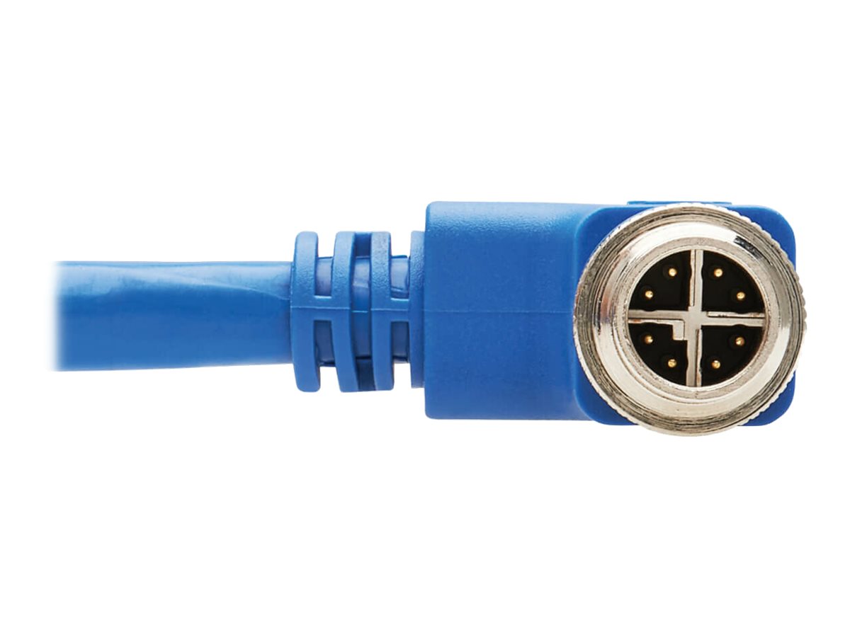 EATON TRIPPLITE M12 X-Code Cat6a 10G F/UTP CMR-LP Shielded Ethernet Cable Right-Angle M/M IP68 PoE Blue 3m 9