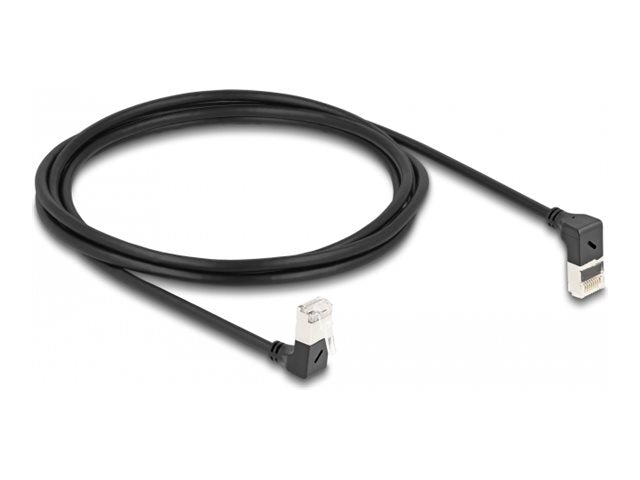 DELOCK RJ45 Netzwerkkabel Cat.6A S/FTP Slim 90 oben / unten gewinkelt 2m schwarz - Vorderansicht