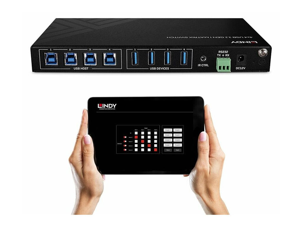 LINDY 4x4 USB 3.2 Gen 1 Matrix Switch Anschlussmöglichkeiten