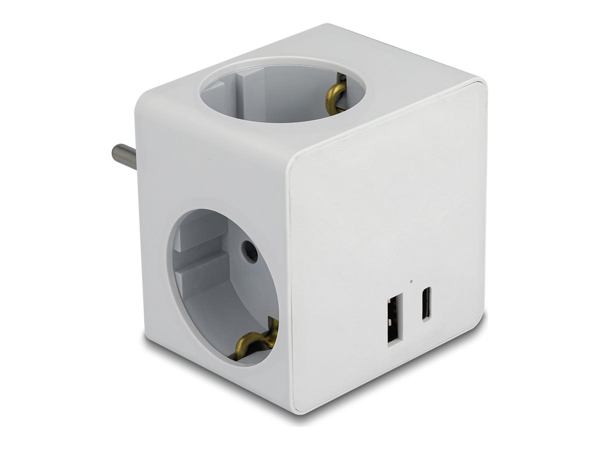 DELOCK Steckdosenwürfel 3-fach mit Kindersicherung und USB PD 3.0 Ladegerät 20 W - Vorderansicht