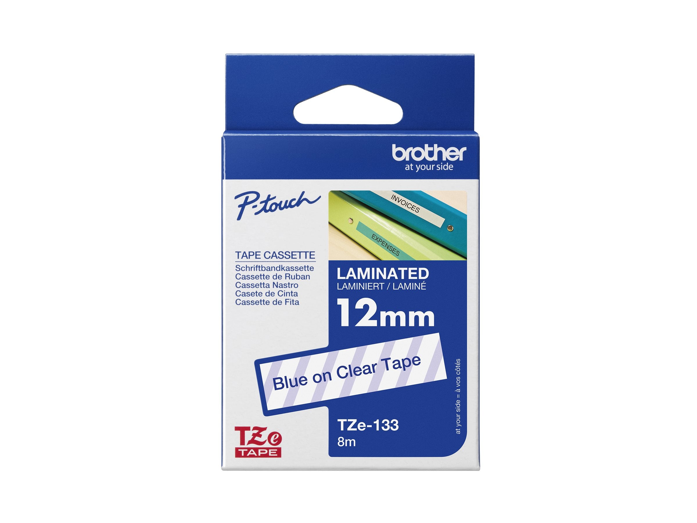BROTHER P-Touch TZE-133 blau auf clear 12mm Vorderansicht