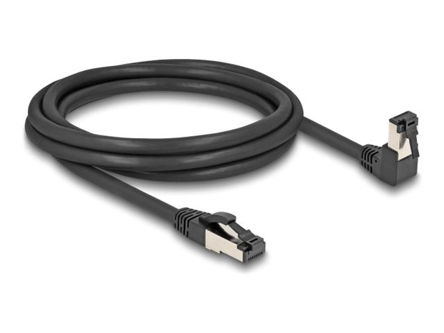 DELOCK RJ45 Netzwerkkabel Cat.8.1 S/FTP 90 unten gewinkelt / gerade 2m schwarz - Vorderansicht