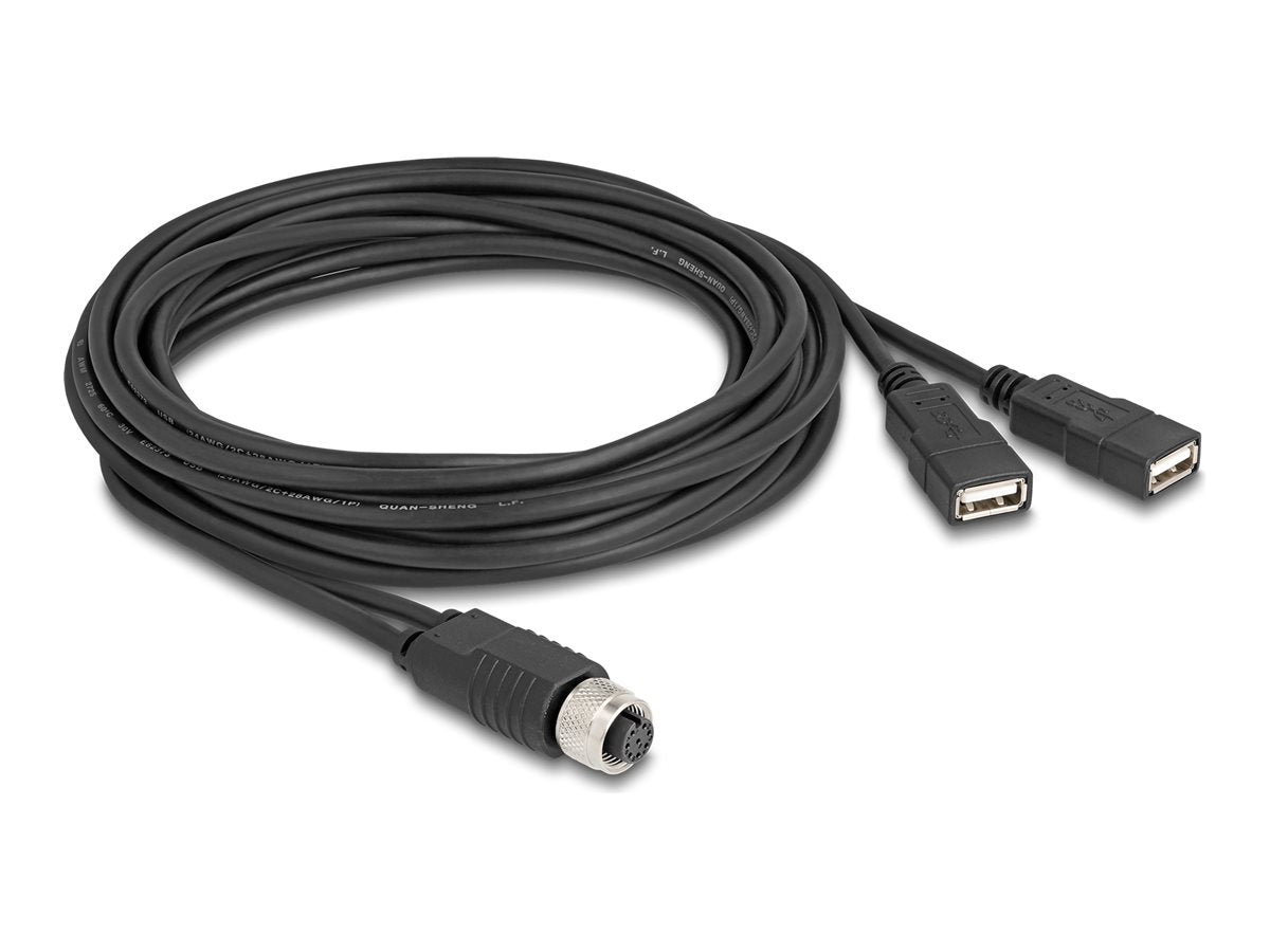 DELOCK M12 Kabel A-kodiert 8 Pin Buchse zu 2 x USB 2.0 Typ-A Buchse 3m schwarz - Vorderansicht