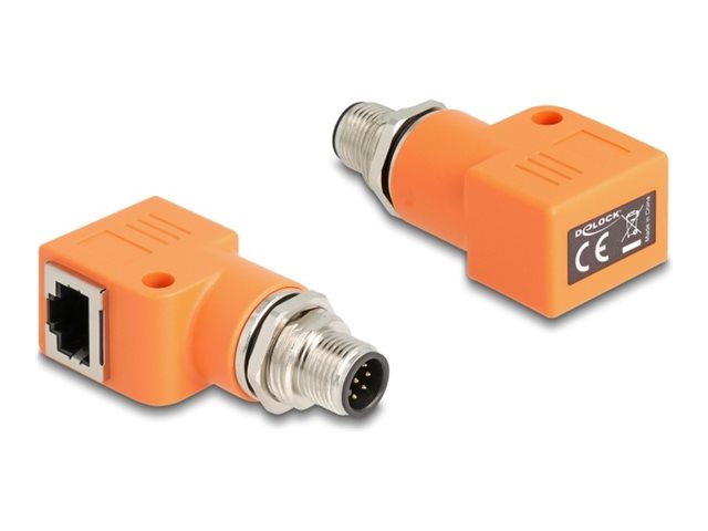 DELOCK M12 Adapter A-kodiert 8 Pin Stecker zu RJ45 Buchse Cat.5e mit Befestigungsloch 90 gewinkelt orange