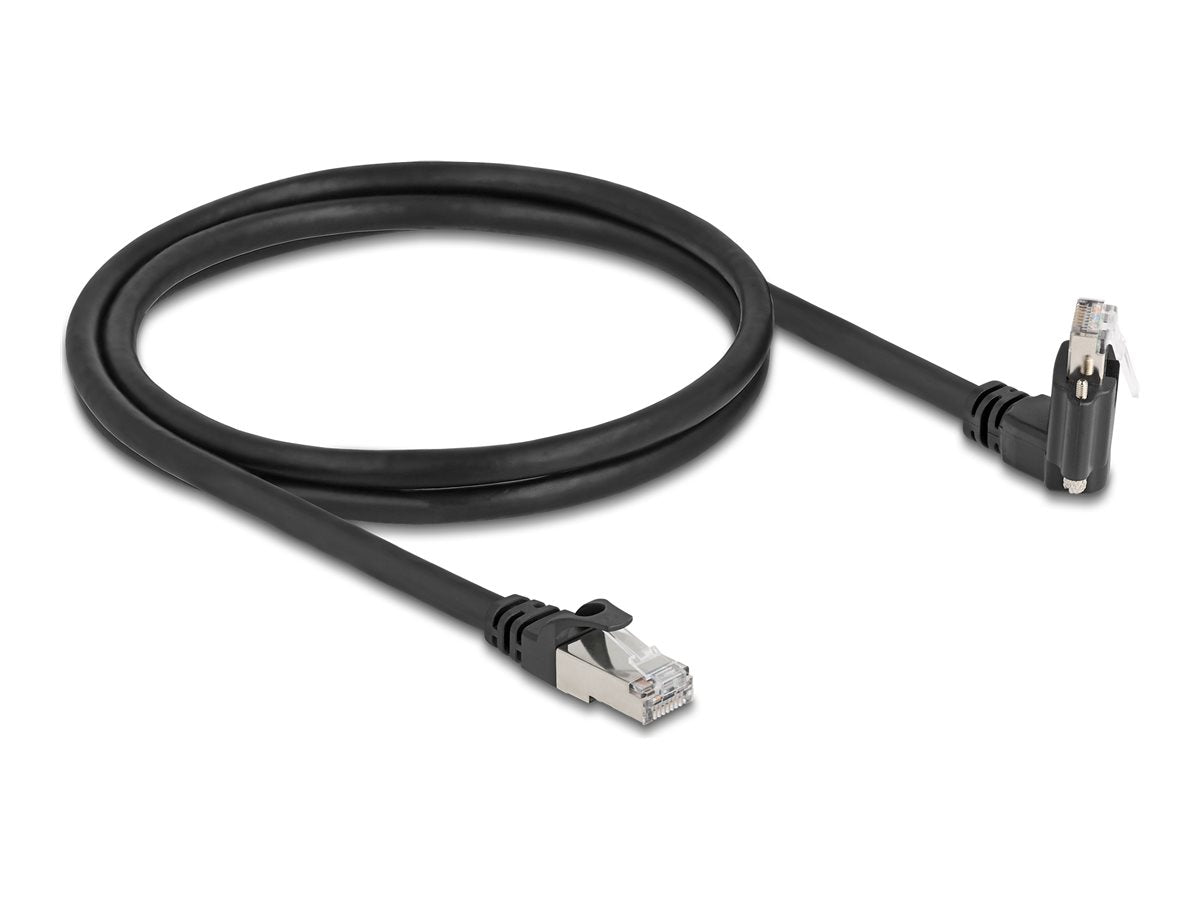 DELOCK GigE Kamera Kabel RJ45 Stecker 45 gedreht und 90 gewinkelt mit Schrauben zu RJ45 Stecker Cat.6 1m schwarz - Vorderansicht