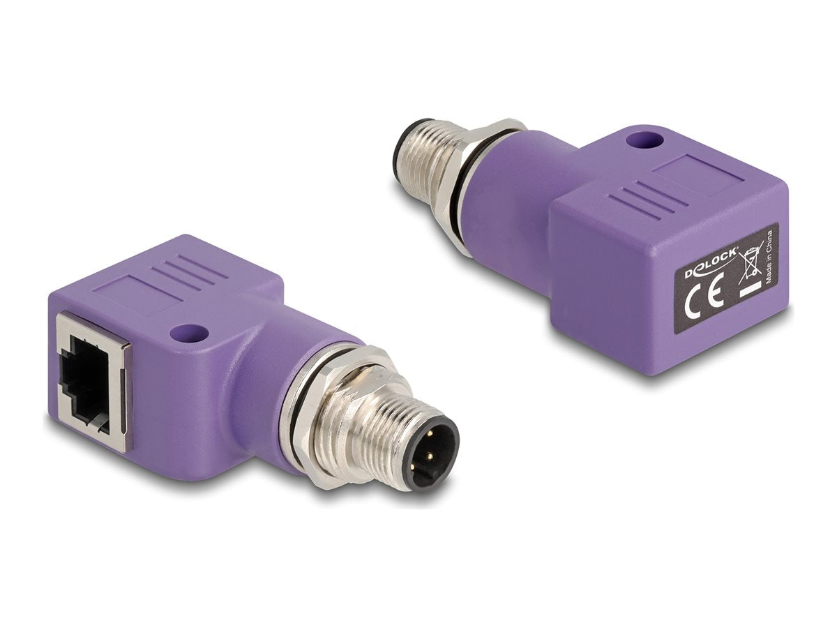 DELOCK M12 Adapter D-kodiert 4 Pin Stecker zu RJ45 Buchse Cat.5e mit Befestigungsloch 90 gewinkelt violett