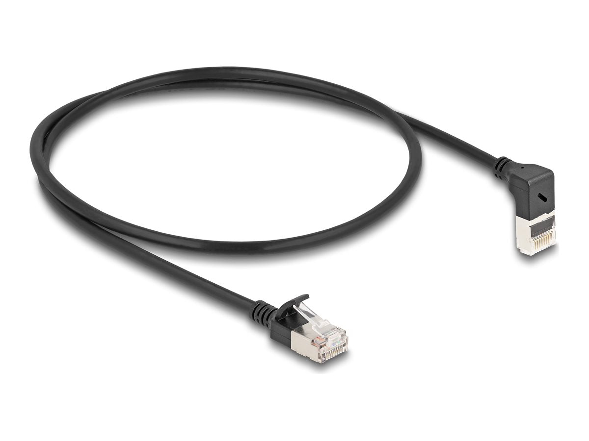 DELOCK RJ45 Netzwerkkabel Cat.6A S/FTP Slim 90 oben gewinkelt / gerade 0,5m schwarz - Vorderansicht