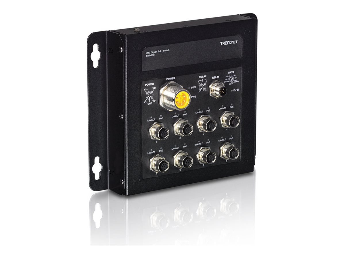 TRENDNET TI-TPG80 8-Port Industrial EN50155m12 Gigabit PoE+ Railway Switch Vorderansicht