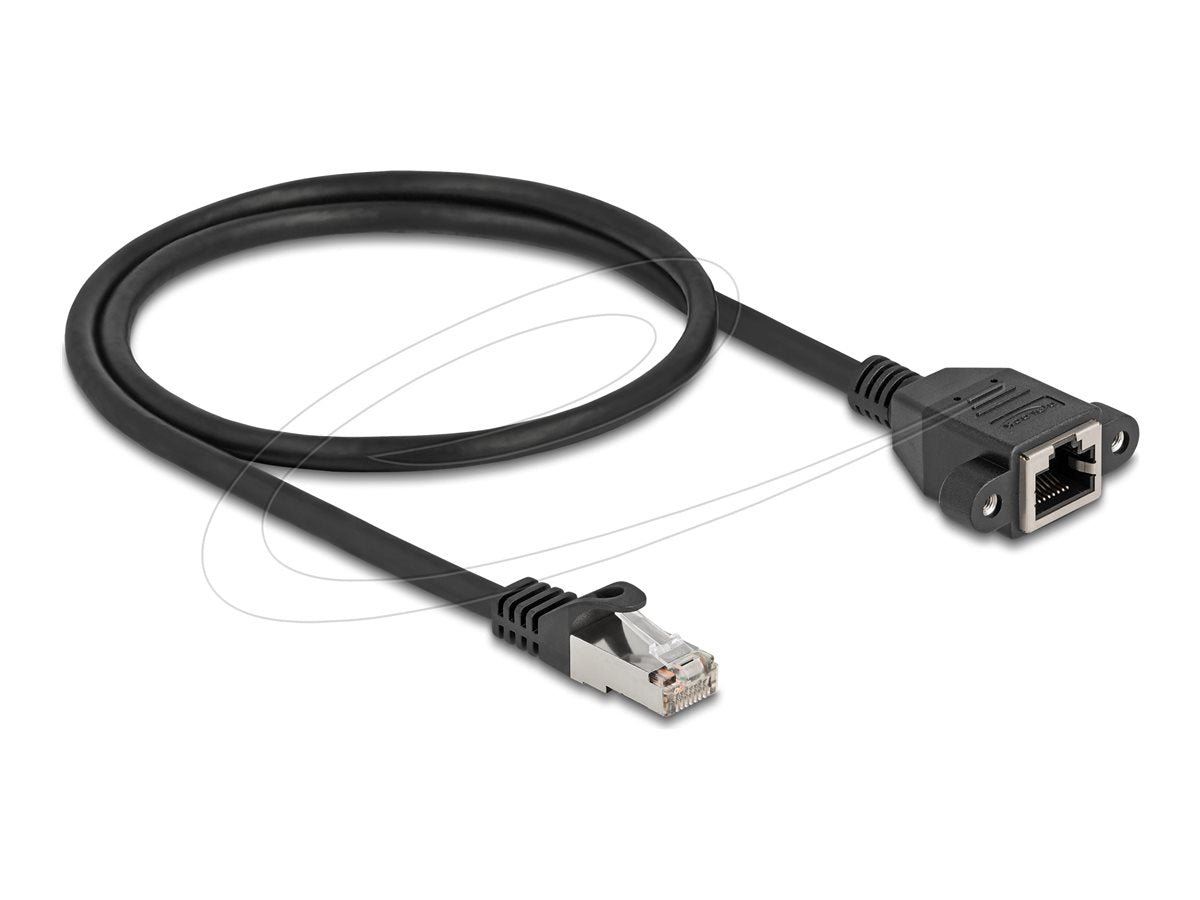 DELOCK Netzwerk Verlängerungskabel S/FTP RJ45 Stecker zu RJ45 Buchse Cat.6A flache Ausführung 0,5m schwarz - Vorderansicht