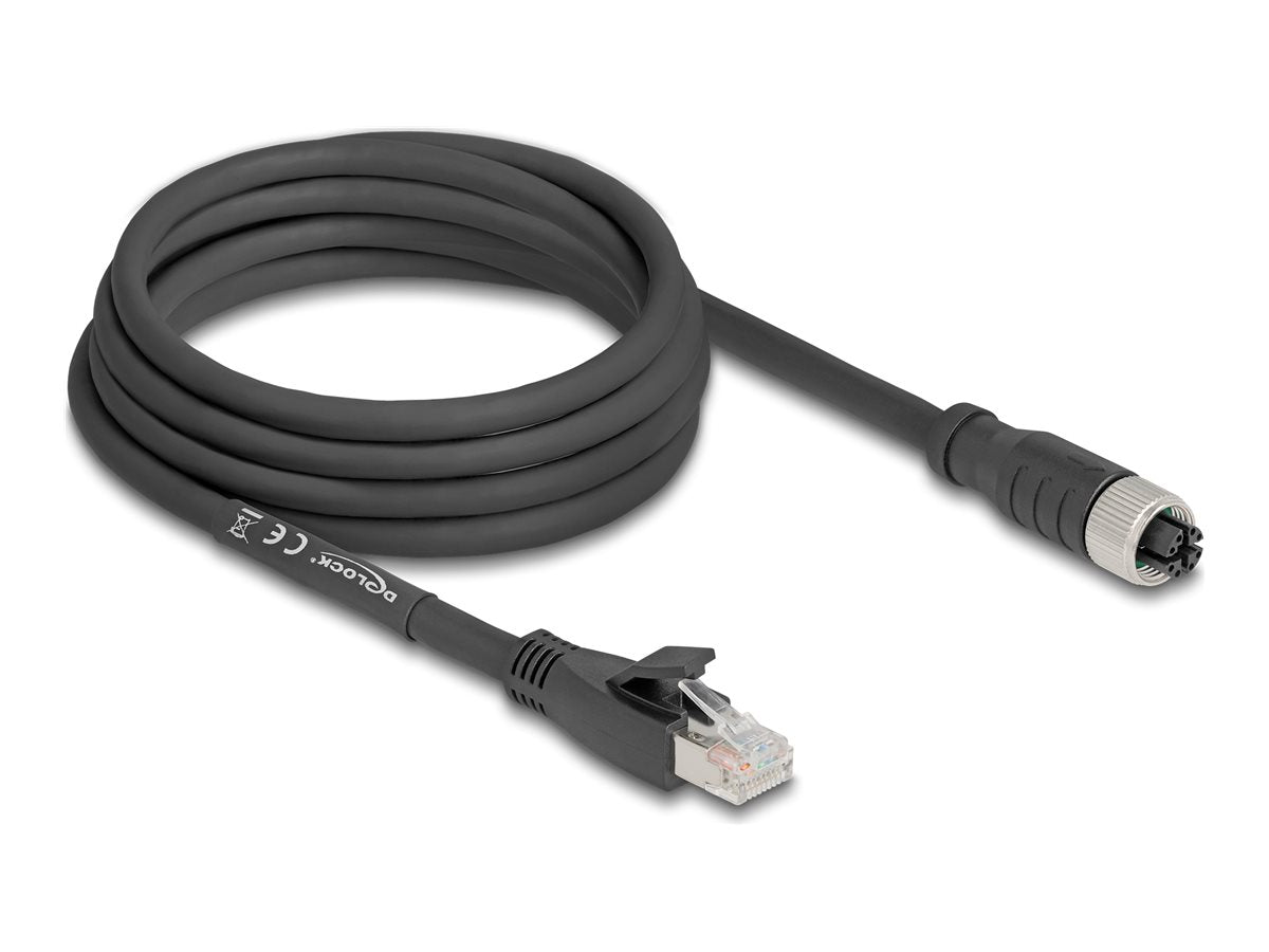 DELOCK M12 Kabel X-kodiert 8 Pin Buchse zu RJ45 Stecker Cat.5e S/FTP flexibel 3m schwarz - Vorderansicht