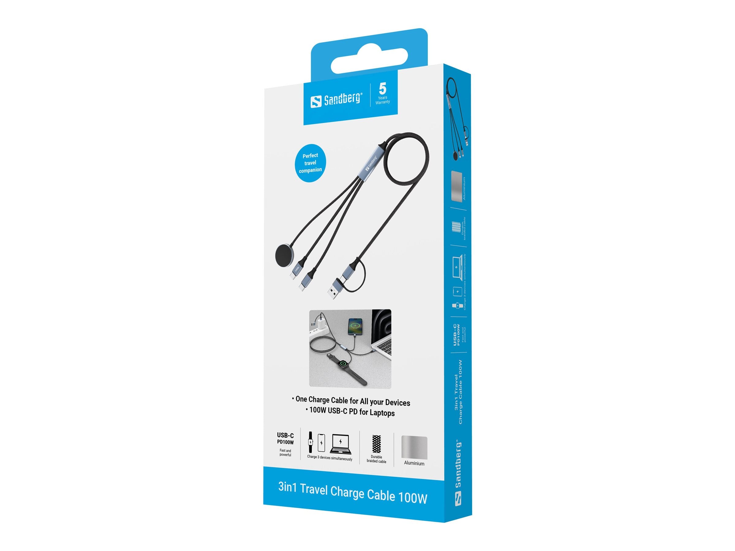 SANDBERG 3in1 Travel Charge Cable 100W - Vorderansicht