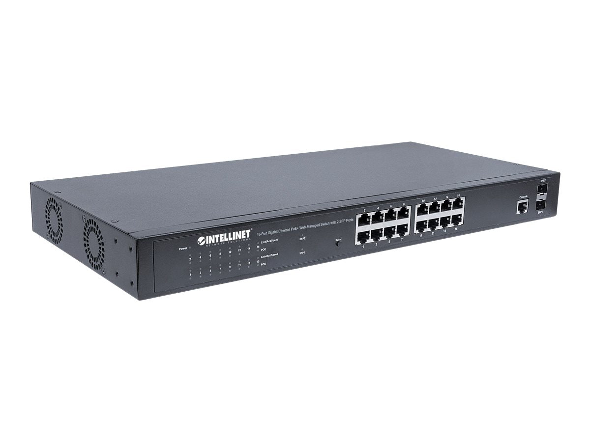 INTELLINET 16-Port Gigabit Ethernet PoE+ Switch Web-Managed with 2 SFP Ports PoE+/PoE 374W Endspan 48.26 cm 19Zoll Rackmount schwarz