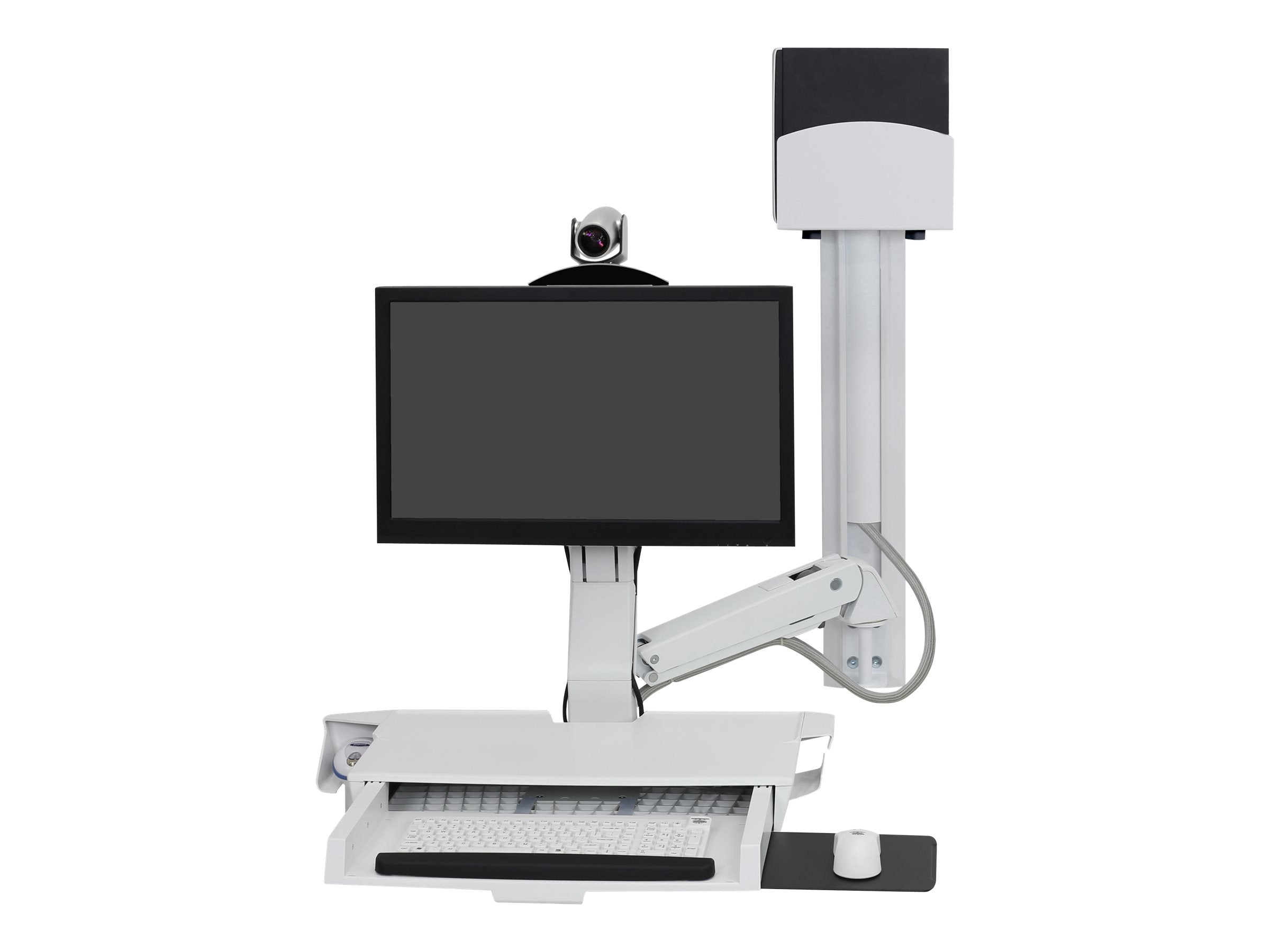 Vorderansicht des ERGOTRON SV Combo Systems mit Arbeitsfläche und CPU Halter