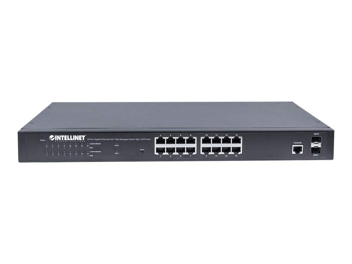 INTELLINET 16-Port Gigabit Ethernet PoE+ Switch Web-Managed with 2 SFP Ports PoE+/PoE 374W Endspan 48.26 cm 19Zoll Rackmount schwarz